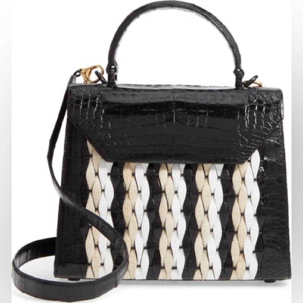 Nancy Gonzalez Mini Top Handle Bag – Black Croc Embossed with Woven Detail